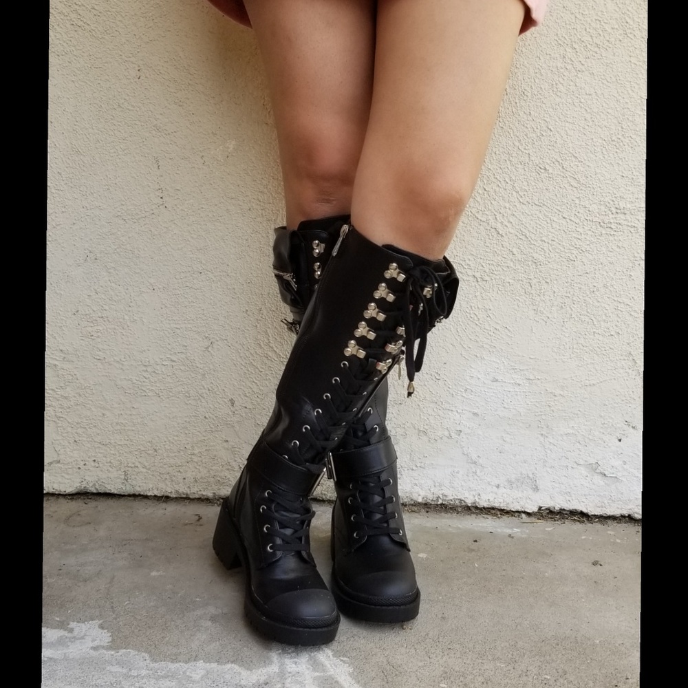 CHUNKY PLATFORM KNEE HIGH  CALF FAUX LEATHER BOOTS - Picture 7 of 8